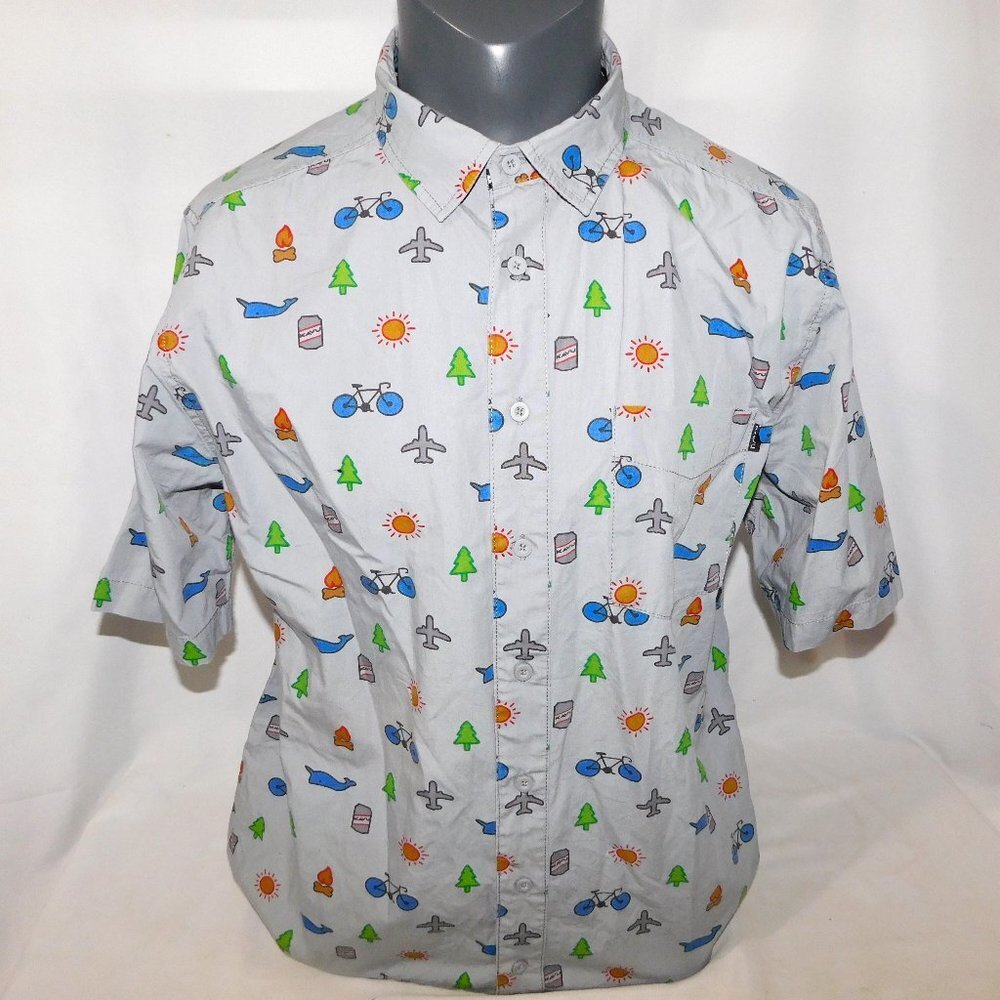 KAVU Festaruski Gray Happy Hour Summer Button Front Shirt Short Sleeve Mens L